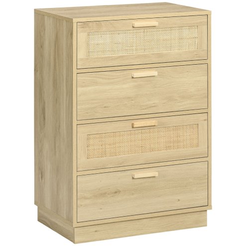 HOMCOM Bedroom Chest of Drawers, Boho Rattan Dresser with 4 Drawers, Storage Cabinet for Living Room, Hallway, Entryway, Natural Wood Finish