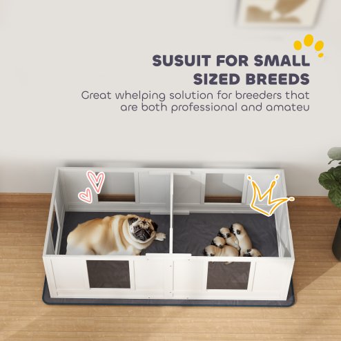 PawHut Whelping Box for Dogs with Water-Resistant Washable Whelping Pad, Dog Whelping Box with Clear Panels, Adjustable Entrance, Two Room Design, Non-Slip Foot Pads, for Small Dogs, 164 x 80cm