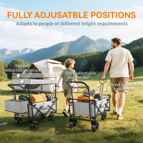 Outsunny 120L Festival Trolley on Wheels, Folding Camping Trolley Cart with Removable Canopy, All-Terrain Wheels, Adjustable Handle and Side Pockets for Garden Beach Fishing Shopping, Grey