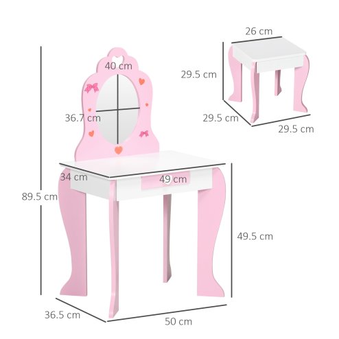 ZONEKIZ Kids Dressing Table with Mirror and Stool, Vanity Set w/ Love Heart and Bow Design, Girl Makeup Desk w/ Drawer, for Ages 3-6 Years - Pink