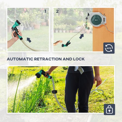 Outsunny Retractable Hose Reel Wall Mounted, 20+2m Garden Hose Pipe Reel with Lock, Auto Rewind, 7 in 1 Spray Nozzle, Includes Wall Fixings, 180?? Swivel, Outdoor Watering, Light Grey