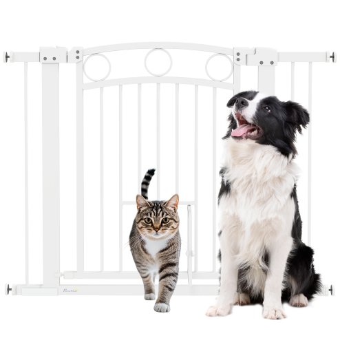 PawHut Stair Gate, 77cm Extra Tall Dog Gate with Adjustable Width, 76-104cm Pressure Fit Safety Gate with Cat Door, 7cm and 14cm Extensions, for Stairs, Doorways, Easy Installation, White