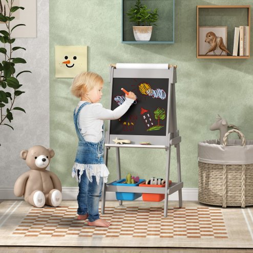 AIYAPLAY Art Easel for Kids with Paper Roll, Double-Sided Painting Easel with Chalkboard, Whiteboard, Eraser, Storage Boxes