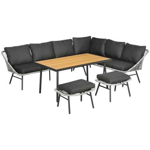 Outsunny 5 Piece Rattan Garden Furniture Sets, 6 Seater Outdoor Sofa Sectional with Wicker Sofa, Footstool and Wood-Plastic Coffee Table for Yard, Poolside, Grey