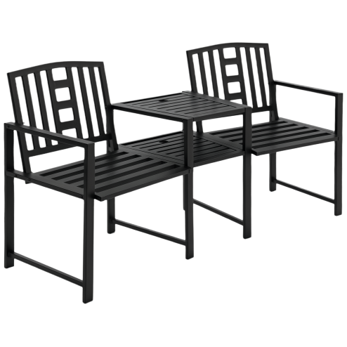 Outsunny Patio Tete-a-tete Chair 2 Seat Bench Middle Coffee Table w/ Umbrella Hole for Outdoors Decorative Slatted Design Steel Frame Black