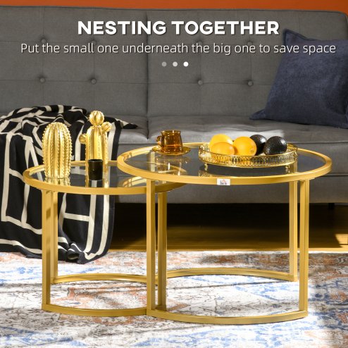 HOMCOM Coffee Table Set of 2, Modern Nest of Tables with Tempered Glass Top, Steel Frame for Living Room, Gold Tone