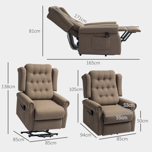 HOMCOM Power Lift Recliner Chair, Wingback Button Tufted Electric Lift Chair for Elderly, Fabric Riser and Reclining Armchair with Remote Control, USB Ports, Side Pockets, for Living Room, Dark Brown