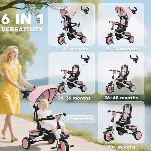 AIYAPLAY Kids Trike, 6 in 1 Toddler Tricycle with Adjustable Parent Handle & Canopy, Convertible Seat, for Ages 1-5 Years, Foldable Baby Trike with Safety Harness, Storage Basket & Bag, Pink