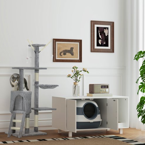 PawHut Foldable Cat Litter Box with Lid, Hooded Cat Litter Tray with High Sides, Air Freshener, Large Two-Way Entrance, Scoop, White