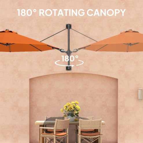 Outsunny 3 M Wall Mounted Garden Parasol Umbrella with Rotate, Outdoor Market Umbrella Sun Shade Canopy with 8 Ribs, Orange