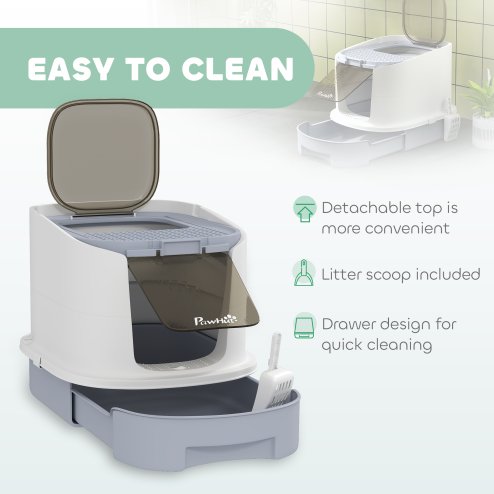 PawHut Cat Litter Box with Lid, Hooded Cat Litter Tray with Scoop, Deodorisation Bags, Top Entry, Cat Toilet with Drawer Pan, Grey