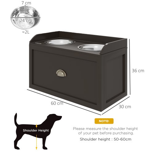 PawHut Stainless Steel Raised Dog Bowls, Double Dog Food and Water Bowl w/ 21L Storage Drawer, for Large Dogs - Brown