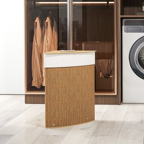 HOMCOM Bamboo Laundry Basket with Lid, 55L Corner Laundry Hamper with Removable Washable Liner Bag, Bathroom Triangle Washing Basket, 35 x 35 x 60 cm