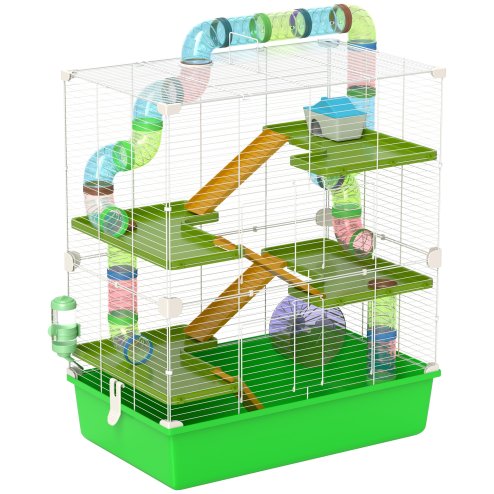PawHut 5 Tier Hamster Cage, Gerbil Cage with Tube, Water Bottle, Exercise Wheel, Food Dish, 59L x 36W x 69H cm - Green