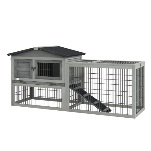 PawHut Rabbit Hutch Outdoor, Wooden Guinea Pig Hutch with Run, Openable Roof, Pull-Out Tray, Ramp for 1-2 Rabbits, 150 x 52.5 x 68 cm, Grey