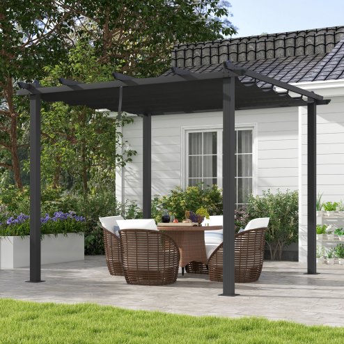 Outsunny 3 x 3(m) Pergola with Retractable Roof, Aluminium Frame Garden Gazebo Canopy Outdoor Sun Shade Shelter for Grill, Patio, Deck, Dark Grey