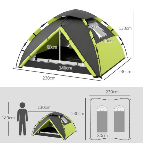 Outsunny Camping Tent, 3-4 Man Family Dome Tent, 2000mm Waterproof, with Carry Bag and Top Hook, for Fishing Hiking Festival, Quick Setup, Green