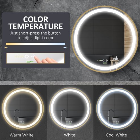 kleankin Round Bathroom LED Mirror, Dimmable Lighted Wall-Mounted Mirror with 3 Temperature Colours, Time Display, Memory Function, Hardwired, Gold