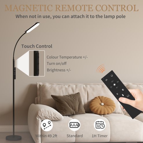HOMCOM LED Floor Lamp, Standing Lamp with Remote & Touch Control, Stepless Dimmable Colours Temperature & Brightness, 360° Adjustable Gooseneck, 1 Hour Timer, Memory Function for Living Room, Black