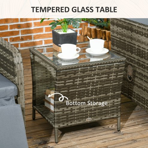 Outsunny 3 Pieces Garden Rattan Bistro Set with Adjustable Backrest, Balcony Conversation Furniture Set with 2 Armchairs Tempered Glass Coffee Table, Cushions, Storage Function - Mix-Grey