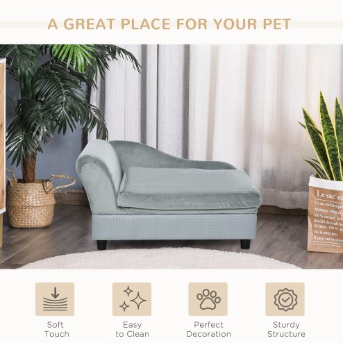 PawHut Dog Sofa with Storage, Pet Chair for Small Dogs, Cat Couch with Soft Cushion, Light Grey, 76 x 45 x 43 cm
