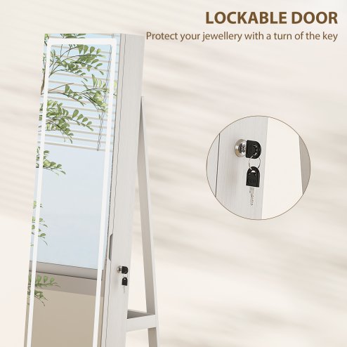 HOMCOM 360 Swivel Mirror Jewellery Cabinet with 3 Colour LED Lights, Lockable Jewellery Organiser, Free Standing Full Length Mirror with Storage for Earrings, Necklaces, Rings and Lipsticks, White