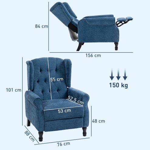 HOMCOM Recliner Armchair, Vintage Reclining Chair with Nail Head Trim, Wingback Chair with Button Tufted Back and Footrest, for Living Room, Royal Blue