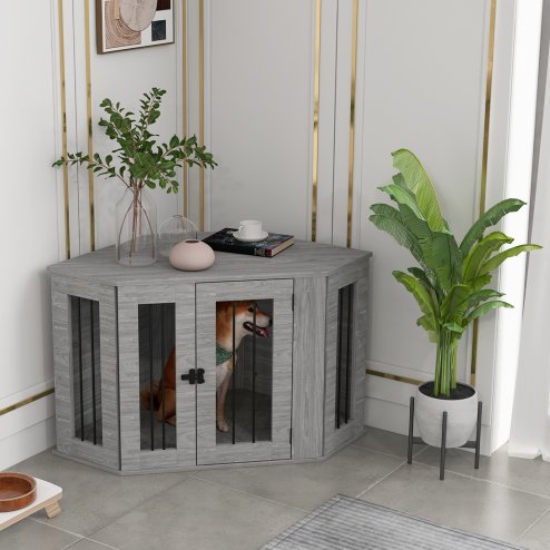 PawHut Dog Crate Furniture, Side Table Dog Kennel with Cushion, Large Door, for Medium Dogs - Grey