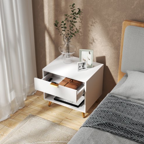HOMCOM Bedside Table, Bedside Cabinet With Drawer and Open Compartment, Nightstand With Handle for Bedroom, Living Room, White