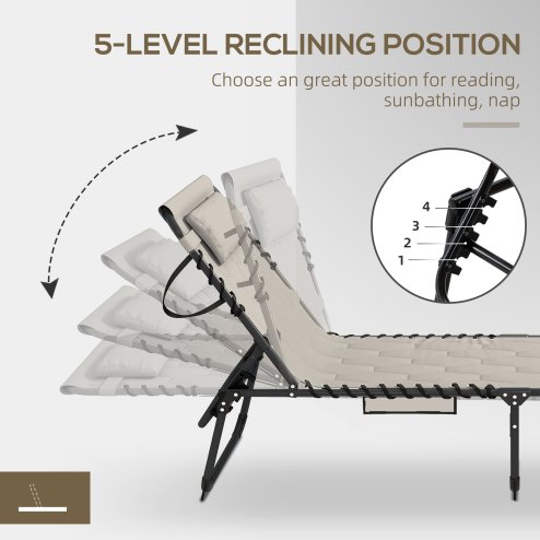 Outsunny 2 Piece Foldable Sun Lounger Set with 5-level Reclining Back, Outdoor Tanning Chairs Sun Loungers with Build-in Padded Seat, Side Pocket, Headrest for Beach, Patio, Khaki