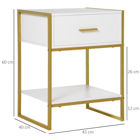 HOMCOM Bedside Table with Storage Drawer and Open Shelf, Modern Nightstand, Side Table with Metal Frame for Bedroom, Living Room, White