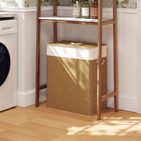 HOMCOM Double Laundry Basket with Lid, 100L Bamboo Laundry Hamper with Rope Handles, Washing Basket with Removable Liner for Bathroom, Bedroom