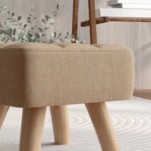 HOMCOM Modern Tufted Footstool, Fabric Foot Stool with Rubber Wood Legs, Padded Seat, for Living Room, Bedroom, Entryway