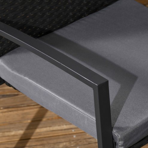 Outsunny 4 Seater Rattan Dining Set with Cushions, Wood Effect Metal Top Table with Umbrella Hole, PE Rattan Garden Furniture Set, Outdoor Dining Table and Chairs for Patio, Balcony, Lawn, Black