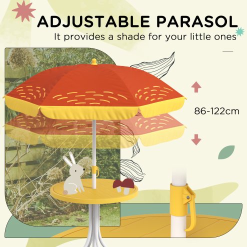 Outsunny Kids Bistro Set Children Table and Chair Set Garden Furniture Lion Themed 4 Pieces w/ Adjustable Parasol, Foldable Chairs for 2-5 Years - Yellow