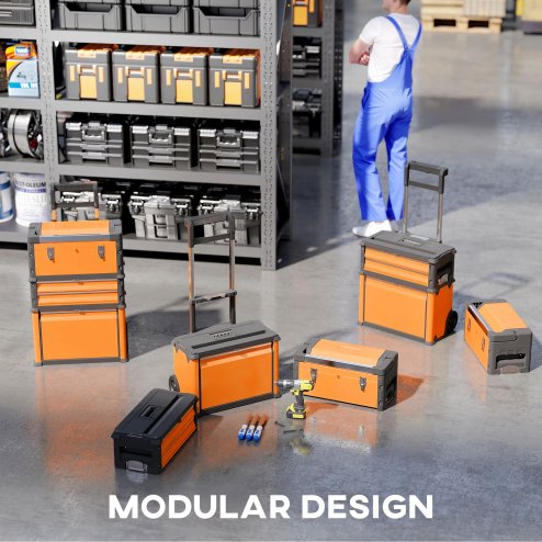 HOMCOM 3-in-1 Rolling Tool Box, Stackable, Modular Powder Coated Steel Toolbox with Tray, Handles, Latches, Wheels, Heavy Duty Tool Storage System for Workshop, Garage, 520mm x 320mm x 720mm, Orange