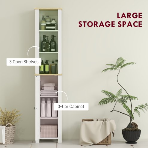 kleankin Slim Bathroom Storage Unit with Open Compartment, Bathroom Storage Cabinet with Adjustable Shelf, 34 x 23 x 165 cm, White