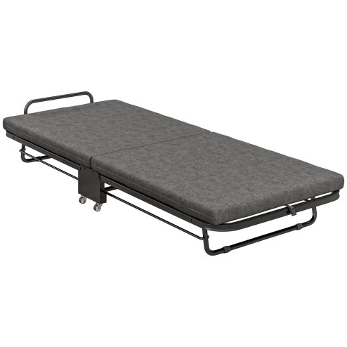 HOMCOM Folding Bed with Mattress, Foldable Guest Bed on Wheels, Portable Single Bed with 7cm Mattress, 188 x 76cm, Grey