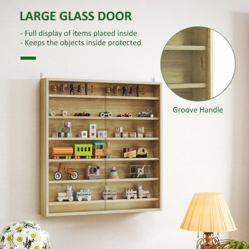 HOMCOM 7-Tier Wall Mounted Display Cabinet, Display Case with 6 Adjustable Shelves, Glass Doors for Home Office Ornaments 83x80cm, Oak