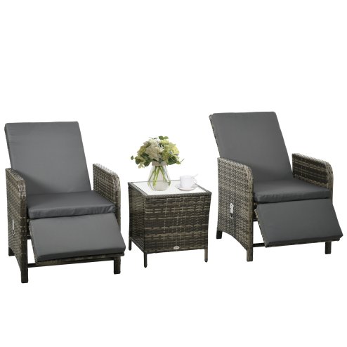 Outsunny 3 Pieces Garden Rattan Bistro Set with Adjustable Backrest, Balcony Conversation Furniture Set with 2 Armchairs Tempered Glass Coffee Table, Cushions, Storage Function - Mix-Grey