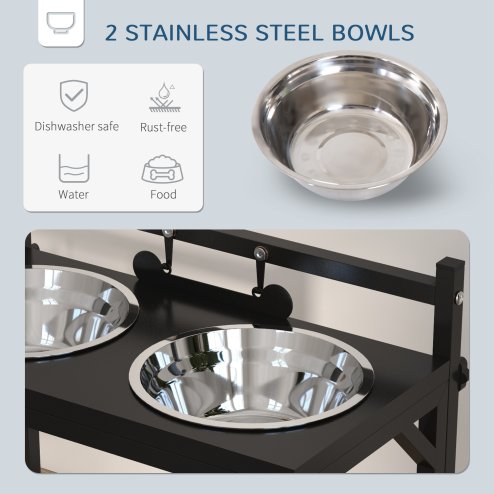 PawHut Raised Dog Bowl, Elevated Dog Bowl with Adjustable Height Stand, 2 Stainless Steel Bowls, for Small Medium Large Dogs - Black