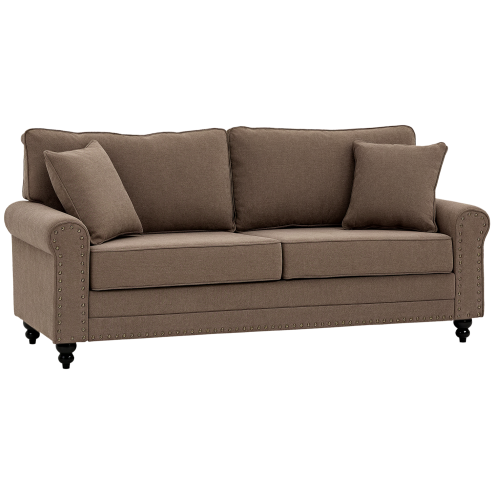 HOMCOM 3 Seater Sofa, Fabric Couch with Rubber Wood Legs, 3 Seater Settee with Extra Padded Cushions and Pillows for Living Room, 196W x 80.5D x 89H cm, Brown