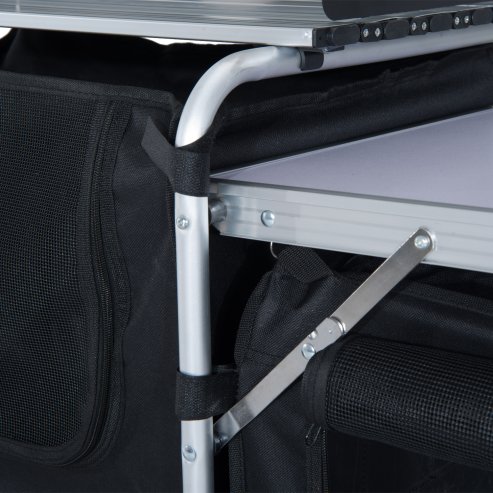 Outsunny Portable Camping Kitchen with Aluminium Frame, Fold-Up Cooking Table With Windscreen and 3 Enclosed Cupboards for BBQ, Party, Picnic, Black