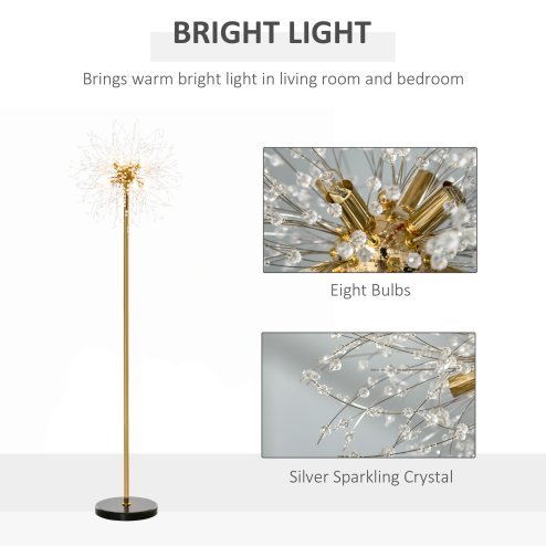 HOMCOM Floor Lamp, Crystal Fireworks Standing Lamp, Metal Golden Pole Tree Lighting with Foot Switch, 8 Lights, G9 Bulb Base, for Living Room, Bedroom