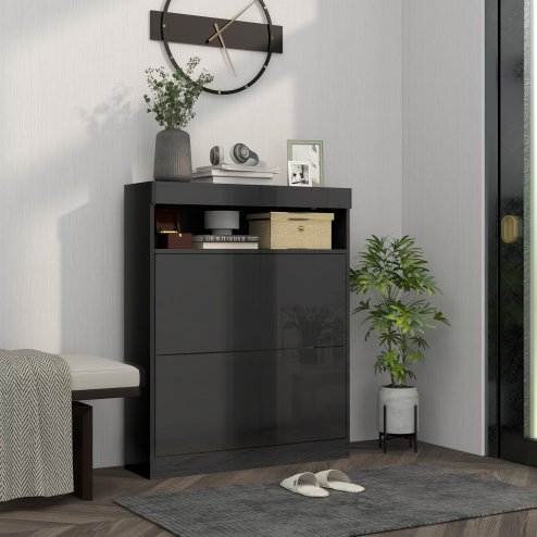 HOMCOM Narrow Shoe Cabinet, Wall Mounted or Freestanding Shoe Storage Cabinet with 2 Flip Drawers and Open Shelf for 12-16 Pairs of Shoes for Entryway, High Gloss