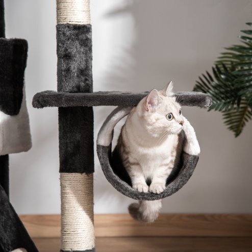 PawHut Floor to Ceiling Cat Tree, 240-260cm Adjustable Height Kitten Tower with Scratching Posts, Cat Houses, Ramps, Hammocks, Toy Balls, Tunnel for Indoor Use - White