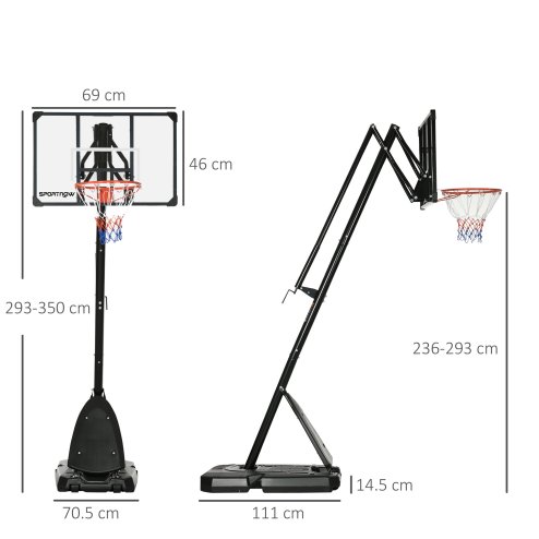 SPORTNOW Basketball Hoop Outdoor, Height Adjustable Basketball Hoop and Stand with Weighted Base, Portable on Wheels, 2.4-2.9m, Black