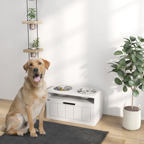 PawHut Raised Dog Bowl, Elevated Pet Bowls with Slow Feeder, Two Stainless Steel Bowls, Drawer, for Large & Extra Large Dogs, White