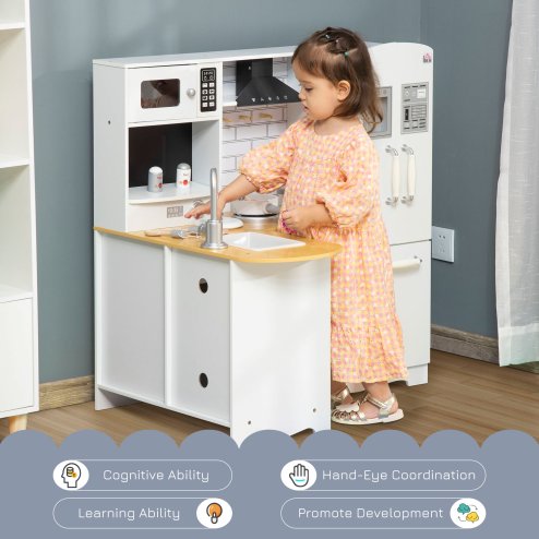 HOMCOM Toy Kitchen, Wooden Kids Kitchen with Realistic Refrigerator, Microwave, Oven, Range Hood, Sink, Telephone, Sounds, Storage Space, for 3-6 Years Old, White