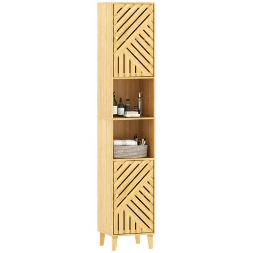 HOMCOM Tall Bathroom Cabinet with Bamboo Doors and Legs, Slim Bathroom Storage Cabinet, Freestanding Storage Cupboard with Open Compartments, Adjustable Shelves, 32 x 30 x 170 cm, Natural Wood Finish